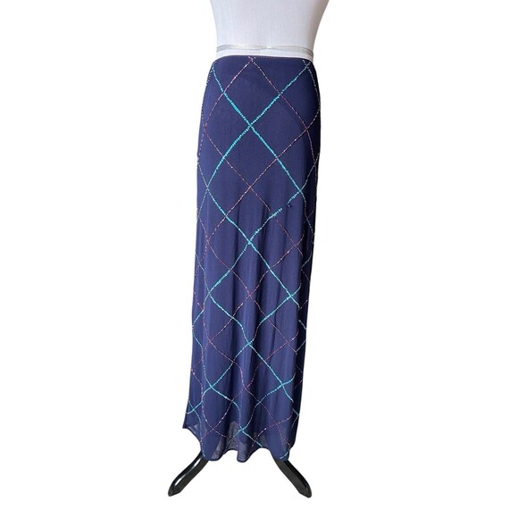 Vintage Vivienne Tam Beaded Mesh Maxi Skirt Size 2 Blue Y2K Glam Statement Party - Picture 7 of 12